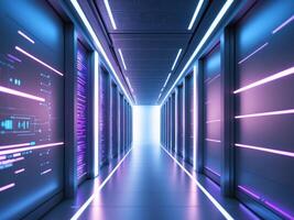 Futuristic data center corridor with glowing data streams and abstract technology visuals. photo