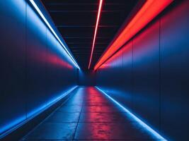 A long hallway with red and blue lights photo