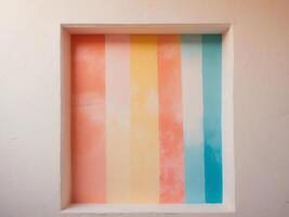 A colorful painting on a wall with a white frame photo