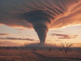 A tornado is seen in the sky over a field photo