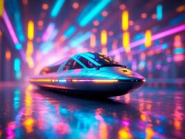 A train is driving through a tunnel with neon lights photo