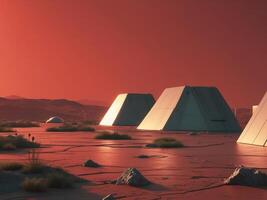 A group of small white structures on a desert planet photo