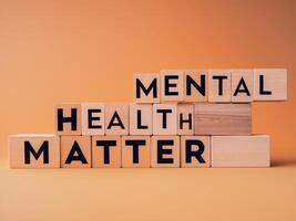 Mental Health Matters Message With Wooden Blocks on Orange Background photo