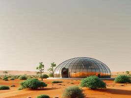 Colonization of developed modern technological glass iron domes full of trees on the orange desert of Mars photo