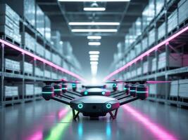 Robotic Delivery Drones in Futuristic Warehouse with Neon Lighting and Smart Automation Technology photo