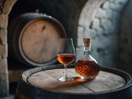 Glass and bottle of cognac resting on barrel in aging cellar photo