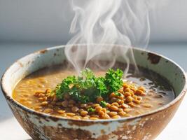 Hearty lentil soup topped with fresh parsley in a rustic bowl. photo