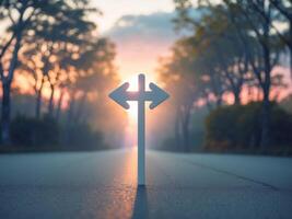 White Arrow Direction on Asphalt Road with Sunset and Trees in Background. photo