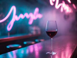 Seductive Nightlife Scene with Wine Glass and Neon Lights in a Bar photo