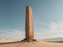 A large stone pillar is in the middle of a desert photo