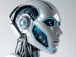 Futuristic robot head with illuminated features and intricate design. photo