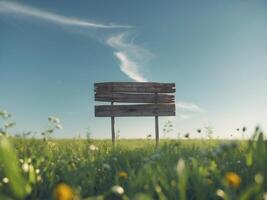 there is a wooden sign in the middle of a field photo
