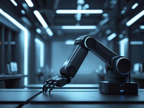 Robotic arm operating in a modern automated laboratory at night. photo