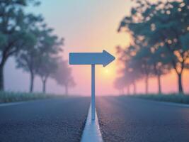 White Arrow Direction on Asphalt Road with Sunset and Trees in Background photo