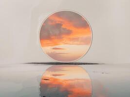 A circular window looking out over the ocean at sunset photo