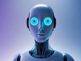 A robot with glowing eyes and a blue face photo