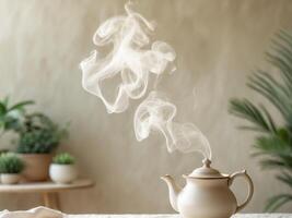 A teapot with smoke on a table photo