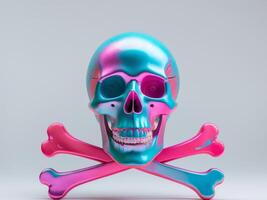 A skull and crossbones with a blue and pink color scheme photo