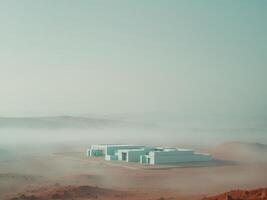 A building in the desert with fog photo