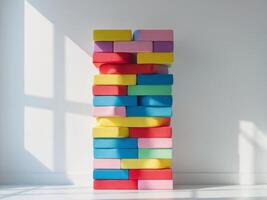 A stack of colorful blocks in front of a window photo