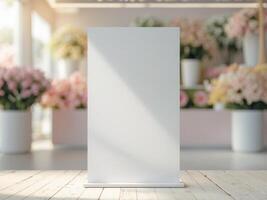 A blank white sign on a wooden table in front of flowers photo
