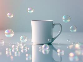 A white mug with bubbles floating around it photo