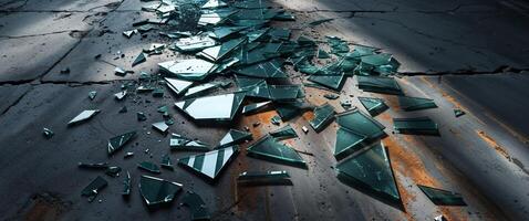 Broken glass on the floor of a building photo
