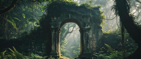 An archway in the jungle with trees and plants photo