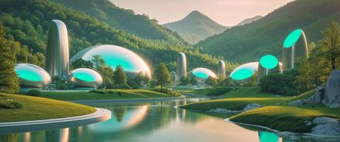 Futuristic city with green glowing spheres and water photo