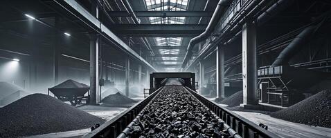 A long train is moving through a factory with coal photo