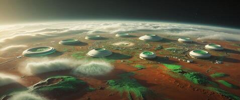 An artist's rendering of a planet with a city on it photo