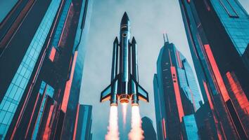 A rocket is taking off from a city photo