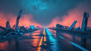 A road with debris and smoke coming out of it photo