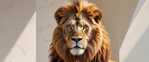 A lion is standing in front of a wall photo