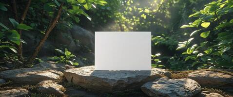 Blank white paper on a rock in the forest photo
