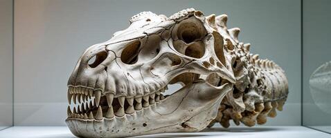 A dinosaur skull is displayed in a glass case. photo