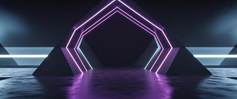 Abstract Geometric Archway with Neon Lights and Dark Background. photo