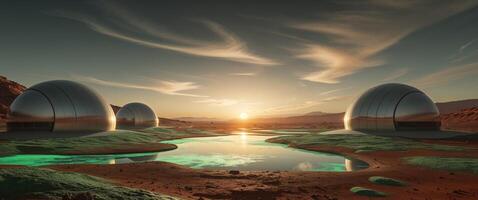 Futuristic domes on Mars harbor lush greenery and water in a barren landscape during sunset photo