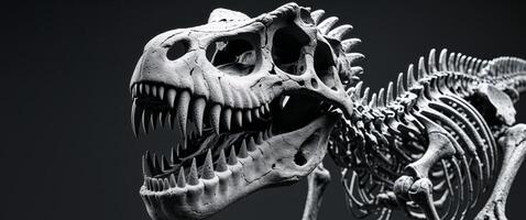 A skeleton of a dinosaur with a large mouth and sharp teeth. photo