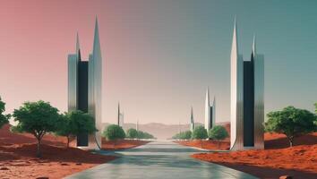 Futuristic Image of Red Planet with Modern Buildings and Green Trees for Human Beings. photo