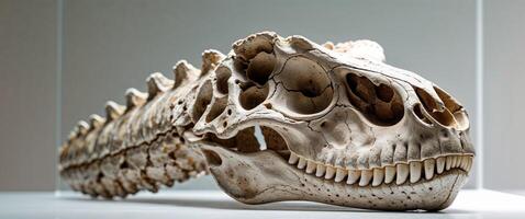 A dinosaur skull is displayed in a glass case photo