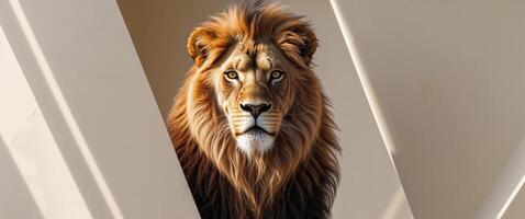 A fierce lion with a striking mane surveys its surroundings photo