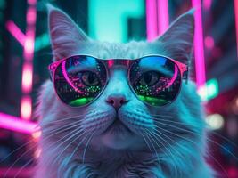 Cool Cat in Cyberpunk Style with Neon Lights and Sunglasses photo