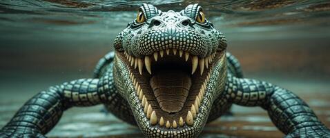 A close up of a crocodile with its mouth open in the water photo