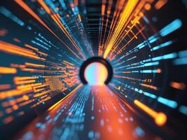 Digital tunnel illuminated by bright orange light showcasing futuristic technology and glowing data streams photo