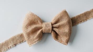 close up image of a handcrafted burlap bow showcasing natural texture and earthy tones presented on a backdrop photo