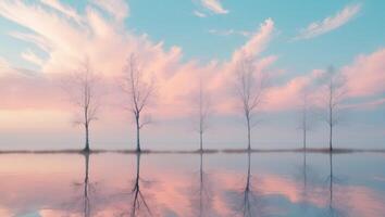 Serene Landscape with Reflections of Trees and Colorful Sky on Calm Water during Sunrise or Sunset photo
