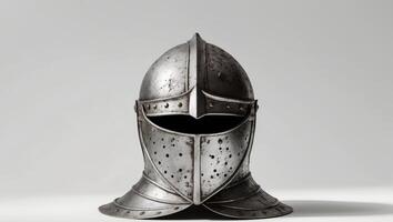 Vintage medieval knight helmet displayed on a white backdrop showcasing intricate design and weathered texture. photo