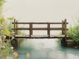 A wooden bridge over a river in a foggy day photo