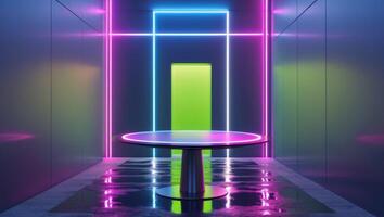 A neon lighted room with a table and a chair photo